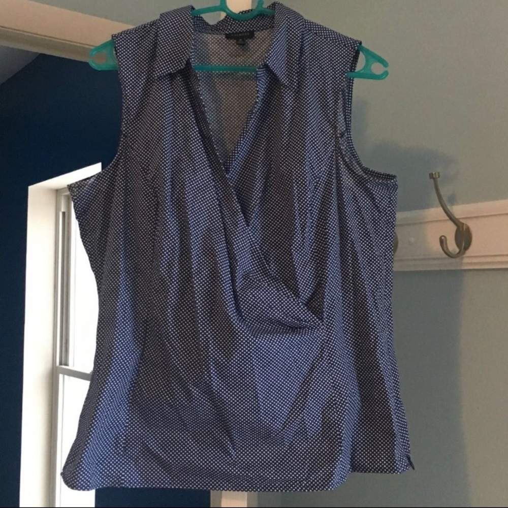 Blue and White Polka Dot V-Neck Blouse